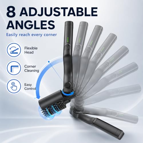 Rechargeable Electric Grill Brush, 3-Speed Cordless BBQ Cleaner with 2 Brush Heads, 8 Adjustable Angles, 360° Splash Shield, Stainless Steel Wire Brush for Gas/Charcoal Grills