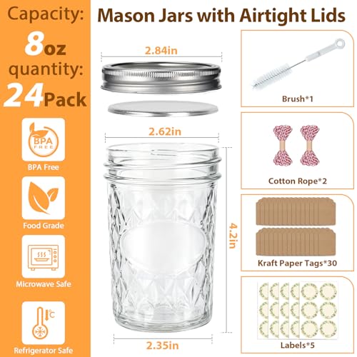 24 Pack 8oz Mason Jars with Airtight Lids, Diamond Pattern | Glass Canning Jars for Overnight Oats, Food Storage, Dry Food, Snacks Meal Prep, Pickling, Fermenting, Smoothies, Salad - color: Diamond-8oz-24