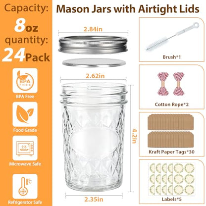 24 Pack 8oz Mason Jars with Airtight Lids, Diamond Pattern | Glass Canning Jars for Overnight Oats, Food Storage, Dry Food, Snacks Meal Prep, Pickling, Fermenting, Smoothies, Salad - color: Diamond-8oz-24