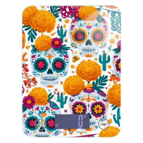 Food Scale Kitchen Digital Scale Food Ounces and Grams Dieting Baking Cooking Waterproof Glass Panels LCD Display,4 Units Scale Tare Function Skull Mexican Halloween White - color: Skull 24