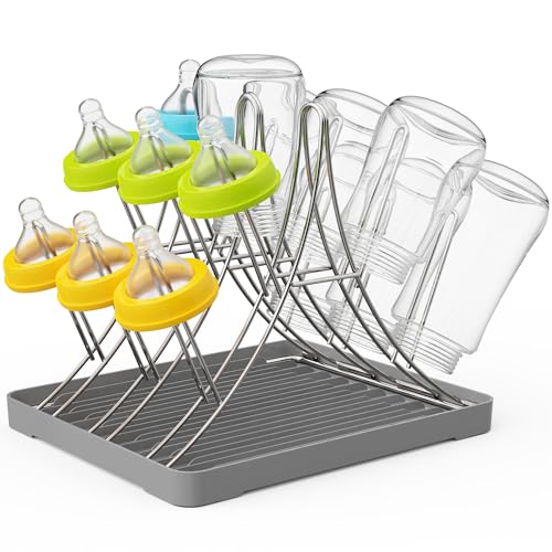 Baby Bottle Drying Rack, Space Saving Bottle Drying Tree Rack with Drainboard for Cups, Mugs and Glass, Sports Bottle, Holds Up to 15 Baby Bottles ，Foldable,Stainless Steel,