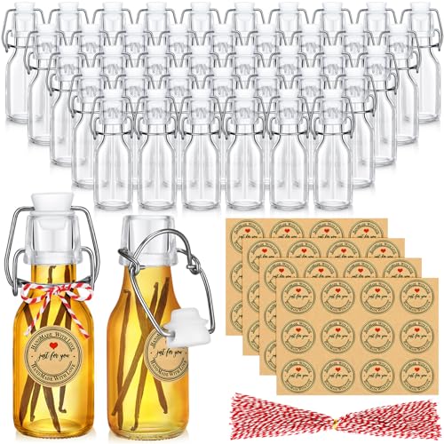 FoldTier 48 Pcs Mini Flip Top Glass Bottle Flip Top for Homemade Vanilla Limoncello Extract Bottles with Caps Stickers for Holiday DIY Crafts Wedding Baby Shower Favors(4 oz) - size: 4 oz