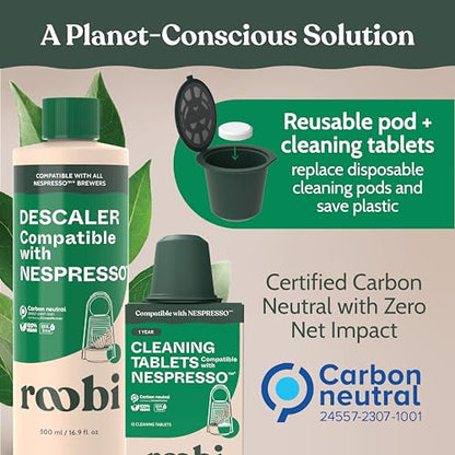 Roobi Descaling and Cleaning Kit Compatible with Nespresso Originaline. Includes 1 Bottle of Descaling Solution, 12 Cleaning Tablets and 1 Reusable Pod. Carbon Neutral. 1 Year Supply. - style: Descaling & Cleaning Kit