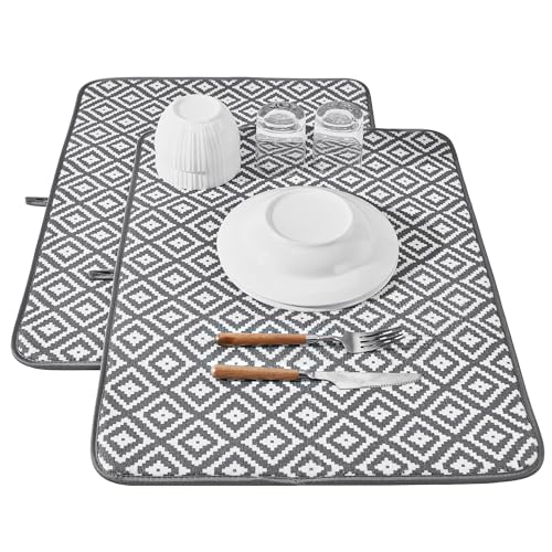 Subekyu 2 Pack Dish Drying Mat, 24*18 inch Ultra Absorbent Microfiber Dishes Drainer Mats for Kitchen Counter, Large Size Dish Drying Pad with Rhombus patterns - color: Dark Gray 2P 24*18