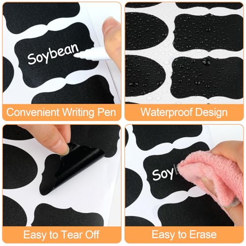 273 Pcs Labels for Jars, Waterproof Reusable Chalkboard Labels for Food Containers, Bottles, Blackboard Stickers with 1 Erasable Chalk Marker (Black)