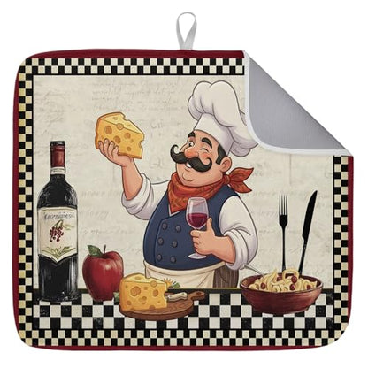 Dish Drying Mat for Kitchen Counter, Chef with Cheese Absorbent Dish Mats Foldable Microfiber Drainer Pad 1PCS 18"x16", Wine Bottle Black Plaid Frame Plate Holder Mat for Countertop Sink Decor - size: 1PCS-16x18in