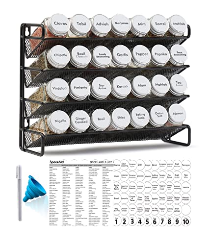 SpaceAid Spice Rack Organizer with 28 Spice Jars, 386 Spice Labels, Chalk Marker and Funnel Set for Cabinet, Countertop, Pantry, Cupboard or Door & Wall Mount - 28 Jars, 13.4" W × 10.8" H, White - color: White, size: 28 Jars, 13.4"W × 10.8"H