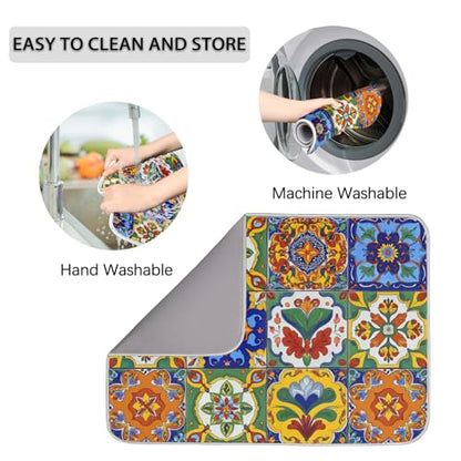 Dish Drying Mats for Kitchen - Super Absorbent Dish Dryer Mat for Countertops Microfiber Dishes Drainer Pad Hide Stain Draining Rack Mat Gadgets for Easy Clean Multi-Use 18"x24" (Mexican Tiles, M) - size: M