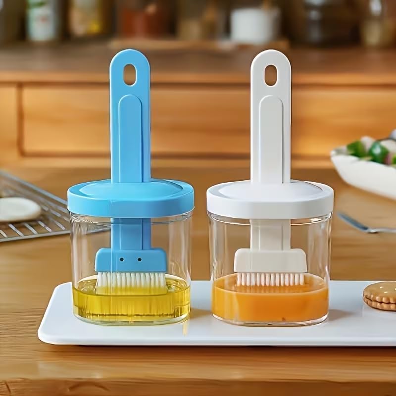 Silicone Pastry Brush with Oil Bottle, Clear Basting Dispenser Jar Set for BBQ Baking Cooking Kitchen, Sauce and Oil Brush Bottle (Blue)