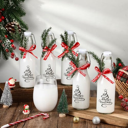 Sieral 12 Pack Christmas Tree Swing Top Glass Bottle 8oz Clear Flip Top Beer Brewing Bottles with Ribbon and Artificial Branches for Liquids Wine Christmas Xmas Gifts - style: Christmas Tree
