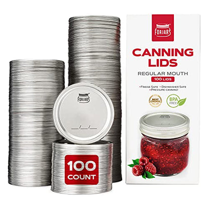 FORJARS - Canning Lids Regular Mouth, 100-Pack – Create Airtight Seals on Mason Jars to Preserve Food for Meal Prep & Food Storage – 2.7 In. Steel Lids with Silicone Seals – Canning Supplies - style: 100-Pack