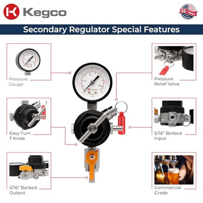Kegco Secondary Regulator, Single Gauge, Black