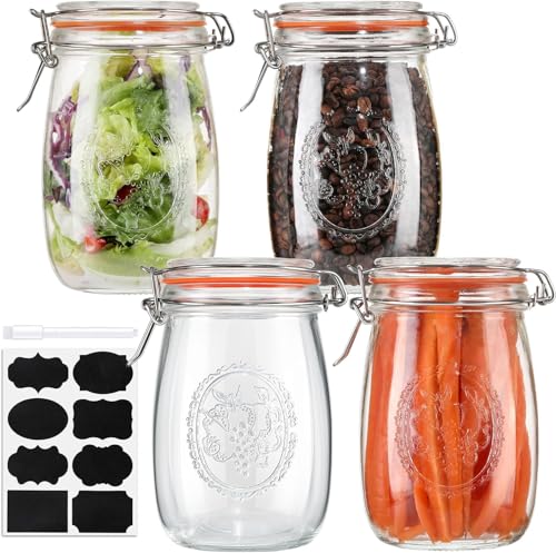 32oz Wide Mouth Glass Jars 4 Pack with Airtight Hinged Lids, Large Clear Kitchen Canisters with Measurement Marks & Decorative Fruit Design for Flour, Coffee, Beans, and Canning (4pack-32oz) - color: 4pack-32oz