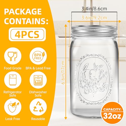 Miuyhji Wide Mouth Mason Jars 32 oz with Lids [4 Pack], Canning Jars with Metal Airtight Lids and Bands, 32 oz Glass Jars for Fermenting, Pickling, Freezing, Preserving, Meal Prep, Jar Décor - size: 32 oz-4Pcs