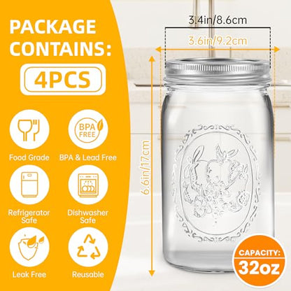 Miuyhji Wide Mouth Mason Jars 32 oz with Lids [4 Pack], Canning Jars with Metal Airtight Lids and Bands, 32 oz Glass Jars for Fermenting, Pickling, Freezing, Preserving, Meal Prep, Jar Décor - size: 32 oz-4Pcs