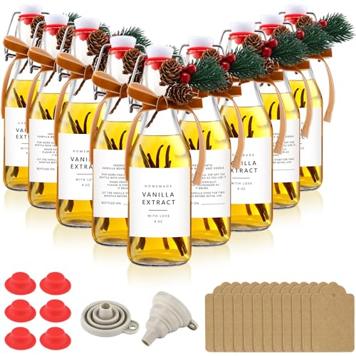 Sieral 9 Sets Vanilla Extract Bottles Clear Swing Top Glass Bottles for Gift Giving Homemade Vanilla Extract Jar Funnel Rope Labels for New Year Brewing Oil Beer Tea DIY Supply(Square Stickers,8 oz) - size: 8 oz, style: Square Stickers
