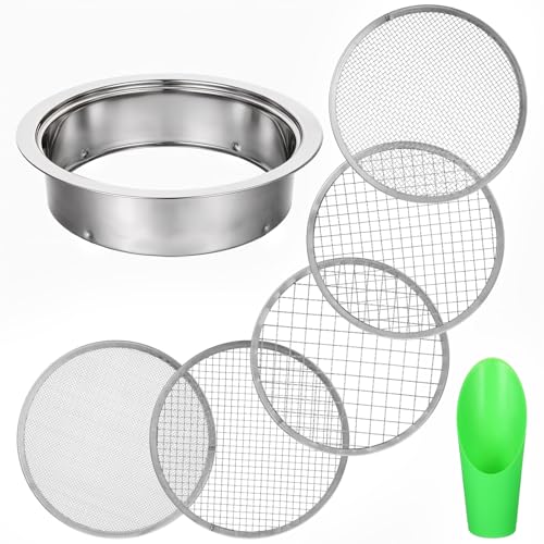 Soil Sieve Set Garden Soils Sifter Stainless Steel Mesh Sifters Compost Sifter with 1,3,6,9,12mm Sieve Mesh and Bonsai Soil Scoop
