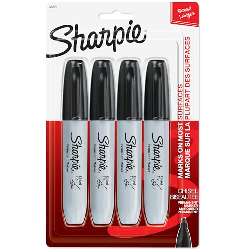 Sharpie Permanent Markers, Large, Chisel Tip, Black, 4 Count - Marks on Paper, Plastic, Metal, and More - size: 4 Count (Pack of 1)