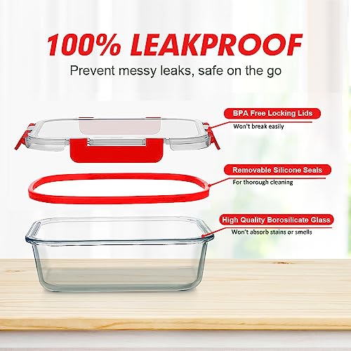 VERONES 12 Packs Glass Food Storage Containers Set, Airtight Glass Lunch Containers, Glass Meal Prep Containers with Lids,Exclusive of BPA, for Microwave, Oven, Freezer & Dishwasher Friendly,Red - color: Red-24