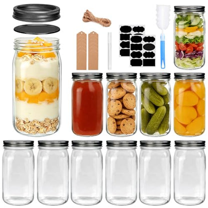 QAPPDA 32oz Wide Mouth Mason Jars 12 Packs with Lids,Clear Quart Canning Jars for Canning, Pickling, Meal Prep, Overnight Oats & Food Storage - size: 32oz - Split Black Lid