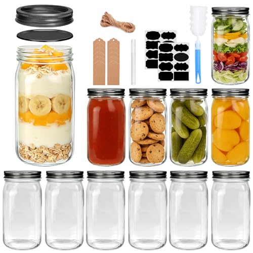 QAPPDA 32oz Wide Mouth Mason Jars 12 Packs with Lids,Clear Quart Canning Jars for Canning, Pickling, Meal Prep, Overnight Oats & Food Storage - size: 32oz - Split Black Lid