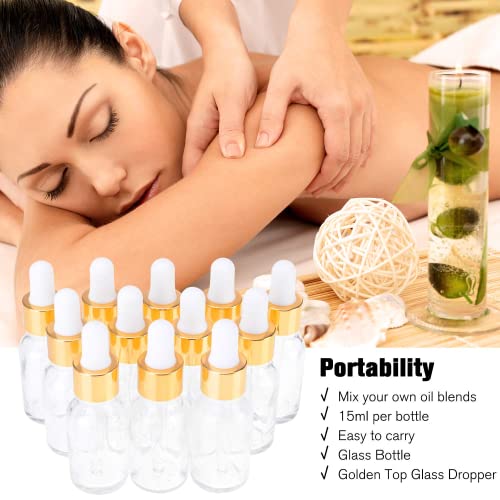 PrettyCare Glass Eye Dropper Bottles 24 Pack, 0.5oz (15ml) Clear Empty Thick Bottles Bulk with Leakproof Golden Caps - With Labels & Funnels for Storage, Travel, Essential Oils, Cuticle, Tinctures - color: 0.5oz Clear, style: 24 Pack