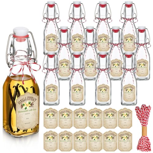 Uiifan 12 pcs 4 oz Swing Top Clear Square Glass Bottles For Vanilla Extract with Caps and Cotton Twines Label Flip Top Glass Beer Bottle for Home Vanilla Brew Oil Vinaigrettes Beer Tea Supply - color: Clear, size: 4 oz
