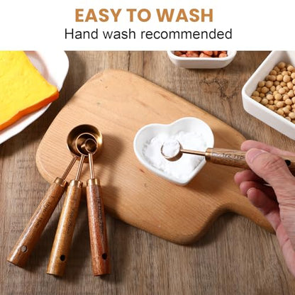 8-Piece Stainless Steel Measuring Cups and Spoons Set - Rose Gold Baking Measuring Cups and Spoons Set with Wooden Handles for Cooking & Baking (US & Metric Measurements)