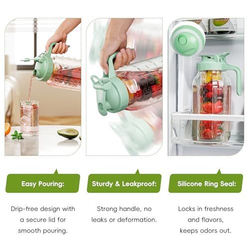 JunVpic Glass Mason Jar Pitcher, 64oz (2 Quart) Wide Mouth Jug with Dual Leak-Proof Pour Spout, Handle Lid for Fruit Drinks, Cold Brew Coffee, Ice Beverage, Iced Juice, Lemonade, Sun Tea Container - color: Light Green, size: 64 Ounces