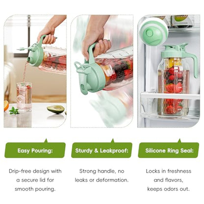 JunVpic Glass Mason Jar Pitcher, 64oz (2 Quart) Wide Mouth Jug with Dual Leak-Proof Pour Spout, Handle Lid for Fruit Drinks, Cold Brew Coffee, Ice Beverage, Iced Juice, Lemonade, Sun Tea Container - color: Light Green, size: 64 Ounces