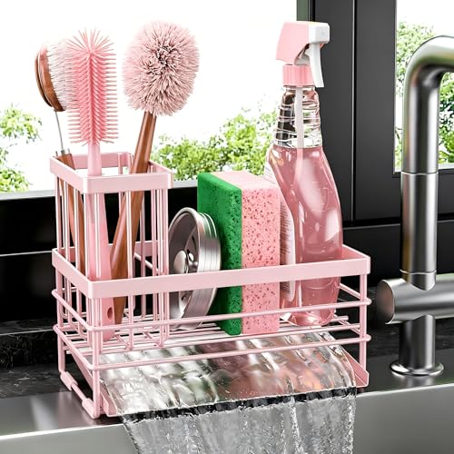 Cisily Sink Caddy Sponge Holder for Kitchen with Brush Holder and Stainless Steel Self Drain Tray, Rustproof Kitchen Sink Organizer for Sponge, Soap Dispenser Storage Accessories - color: Pink, size: 8.26''