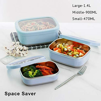 Lille Home Leak Proof Salad Container Stainless for Lunch - Snack Containers Steel - Ideal for Educational Settings & Daycare - Nesting Trio with Silicone Lids - 47oz+30oz+16oz - Blue - color: Blue