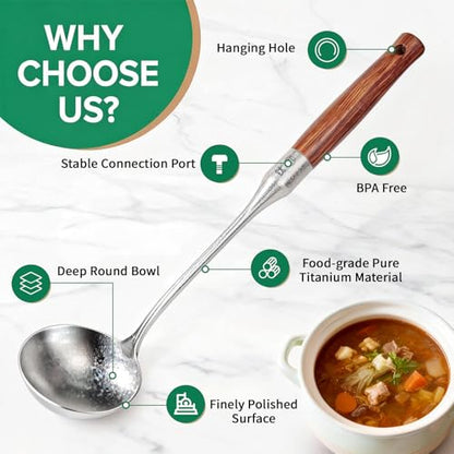 Newness Soup Ladle, [Rustproof, Heat Resistance] Resilient Pure Titanium Soup Spoon with Long Ergonomic Natural Wooden Round Handle, Non-Toxic Cooking Spoon for Kitchen, 14.56 Inches - color: Silver + Wood