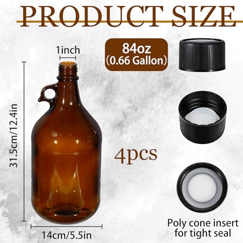 Maxdot 4 Pack 84 oz Glass Growler Bottles with Airtight Lid Amber Glass Carboy with Handle for Kombucha Beer Brewing Wine Making Castor Oil Decoration - size: 0.66 Gallon
