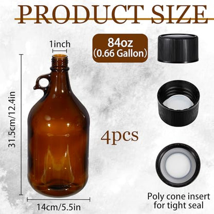 Maxdot 4 Pack 84 oz Glass Growler Bottles with Airtight Lid Amber Glass Carboy with Handle for Kombucha Beer Brewing Wine Making Castor Oil Decoration - size: 0.66 Gallon