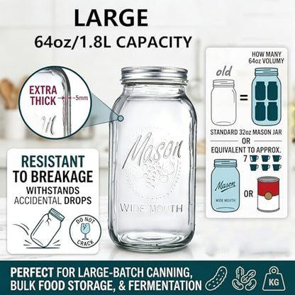 64 oz Mason Jars with Lids, Glass Jars for Canning, Wide Mouth Mason Jars for Spice Storage, Glass Jar with Lid for Pantry Organization, Jars for Home Kitchen Canning Set of 6