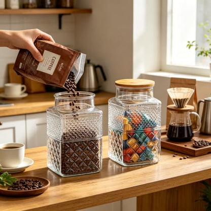 Large Glass Storage Jar, 60 FL OZ Glass Food Storage Containers with Bamboo Lid, Kitchen Containers Cereal Canisters Decorative Jar for Candy Snack Cookies Coffee Tea Nuts Airtight Jars