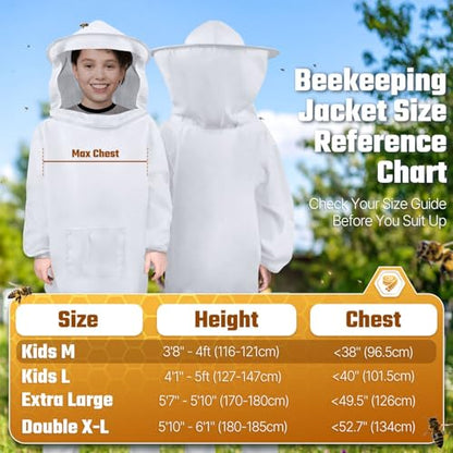 Flexzion Kids Beekeeping Suit Jacket with Veil Hood - Lightweight Sting-Proof Bee Suit for Kids Adults, Youth Pullover Bee Smock, Elastic Waist & Cuffs, White, Kid Medium - size: Kids Medium