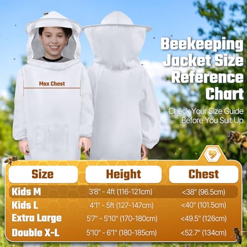 Flexzion Kids Beekeeping Suit Jacket with Veil Hood - Lightweight Sting-Proof Bee Suit for Kids Adults, Youth Pullover Bee Smock, Elastic Waist & Cuffs, White, Kid Medium - size: Kids Medium