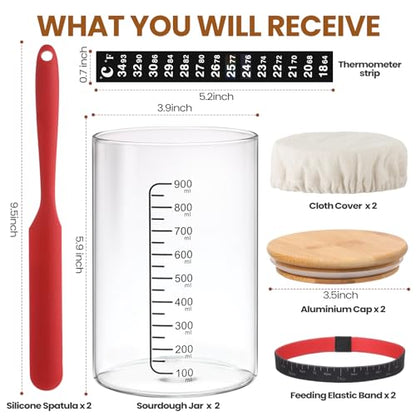 Yungyan 2 Sets Sourdough Starter Jar 34 oz Sourdough Starter Kit with Thermometer, Scraper, Cloth Cover and Bamboo Lid Wide Mouth Sour Dough Jar Container Bread Kit