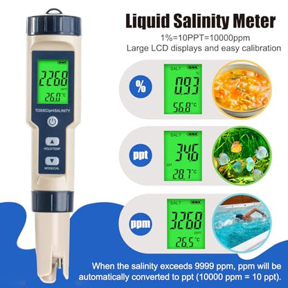 Pool Salinity Tester & pH Meter,Digital 5-in-1 Water Meter (Salt, pH, Temp, EC and TDS) -High Accuracy, Suitable for Swimming Pools, Hot Tubs, Aquariums,Hydroponics and Drinking Water