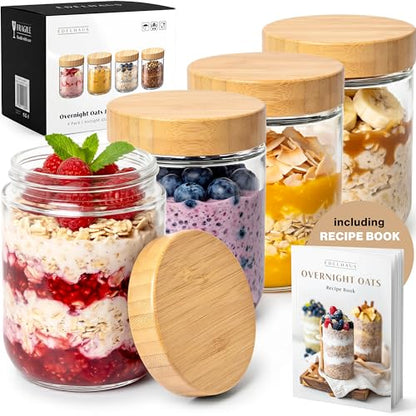 EDELHAUS Overnight Oats Containers with Lids Bamboo (4 x 16oz) Glass Jars for Oatmeal, Meal Prep, Food Storage | Leak-Proof Mason Jars for Oats, Cereal, Yogurt, Chia Pudding [Thicker Glass 3mm] - color: Bamboo Lid no Spoons