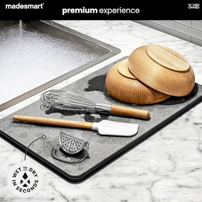 madesmart Drying Stone Dish Mat, Ultra-Fast Drying Mat for Dishes & Glassware, Diatomaceous Earth, Absorbs Water Instantly, Non Slip Base, Gray