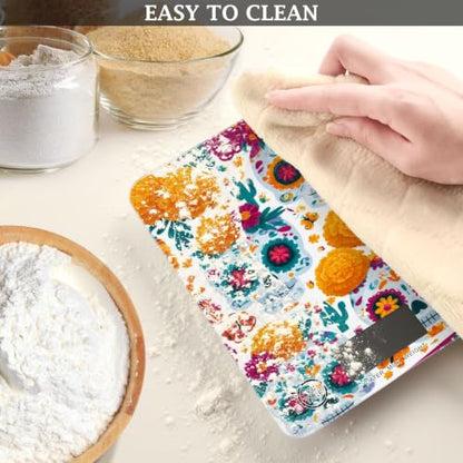 Food Scale Kitchen Digital Scale Food Ounces and Grams Dieting Baking Cooking Waterproof Glass Panels LCD Display,4 Units Scale Tare Function Skull Mexican Halloween White - color: Skull 24
