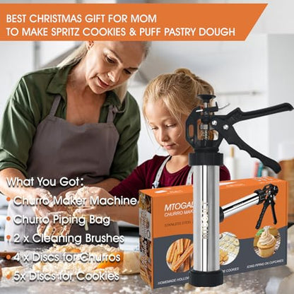 21-Piece Cookie Press Set & Churro Maker Machine – Stainless Steel Baking Gun for Spritz Cookies, Hollow Churros, and Pastry – Includes 6 Nozzles, 9 Discs, Piping Bag, and 2 Brushes