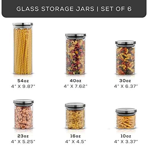 JoyJolt Kitchen Canister Set. 6 Glass Jars with Lids (Stainless Steel) Lids. Airtight Food Storage Containers for Pantry or Counter. Versatile Pantry Organization, Sugar Container or Cereal Canisters - style: Stainless Steel Covers