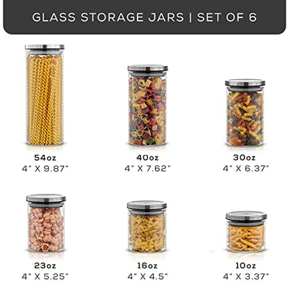 JoyJolt Kitchen Canister Set. 6 Glass Jars with Lids (Stainless Steel) Lids. Airtight Food Storage Containers for Pantry or Counter. Versatile Pantry Organization, Sugar Container or Cereal Canisters - style: Stainless Steel Covers