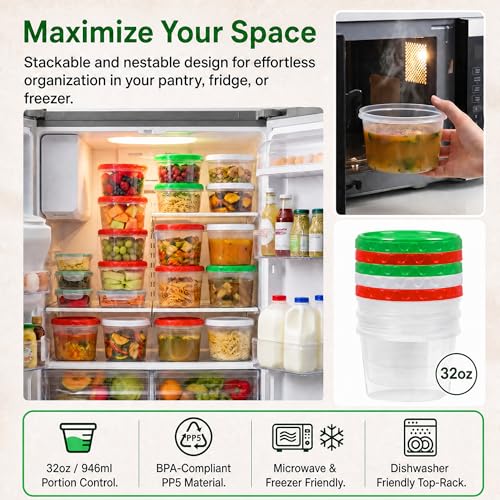 EONJOE 32oz Plastic Freezer Food Leftovers Containers with Lids, 12pcs | Reusable ,Airtight & BPA-free for fresh food. Dishwasher/freezer safe, perfect for daily meal prep, portion control - size: 32oz