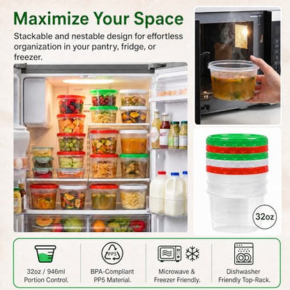 EONJOE 32oz Plastic Freezer Food Leftovers Containers with Lids, 12pcs | Reusable ,Airtight & BPA-free for fresh food. Dishwasher/freezer safe, perfect for daily meal prep, portion control - size: 32oz