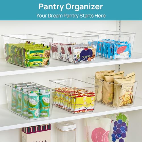 Vtopmart 6 Pack Clear Storage Bins, Pantry Cabinet Organizer Bins with Handle for Pantry Organizer and Storage, Plastic Bins for Fridge, Cabinet, Kitchen, Countertops, Cupboard, Freezer, Medium - size: M(10"×6"×5")